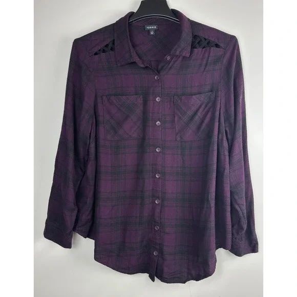 Torrid Purple Black Plaid Button Front Shirt Lattice Shoulder Top Plus Size 1 1X - Picture 2 of 9